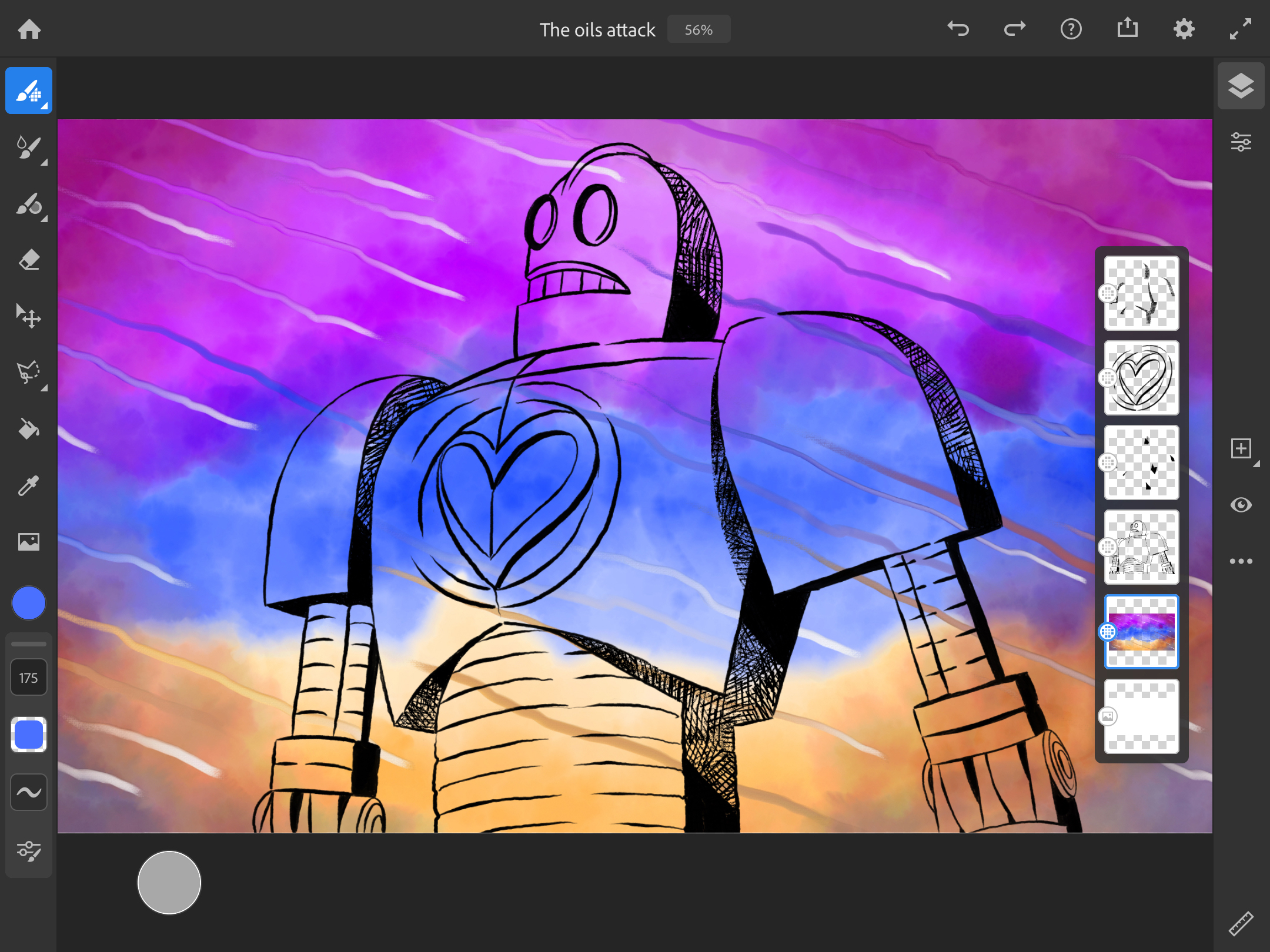 An unmasked outline of a robot against a oil paint background in Adobe Fresco