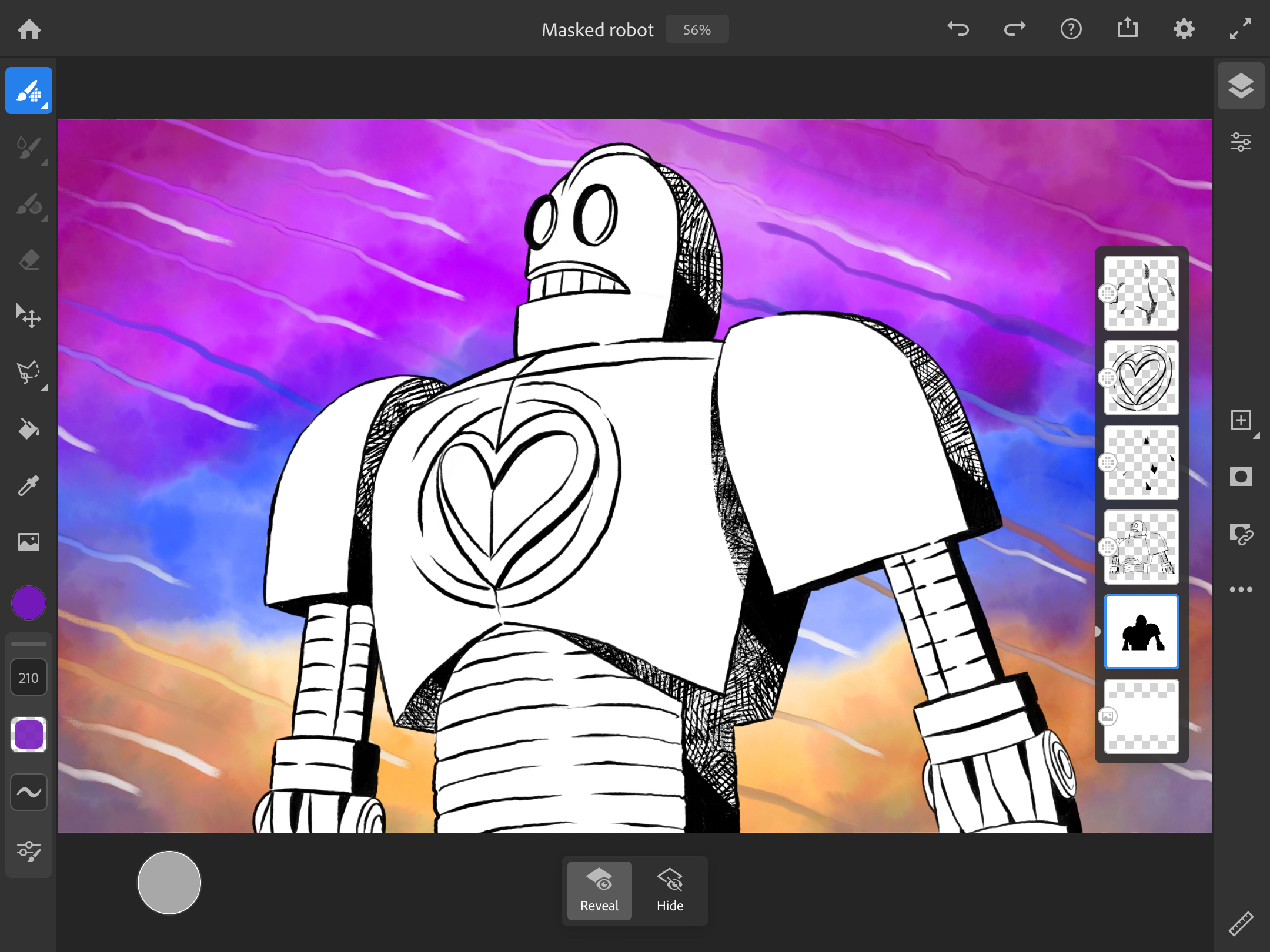The robot masked and layers visible in Adobe Fresco