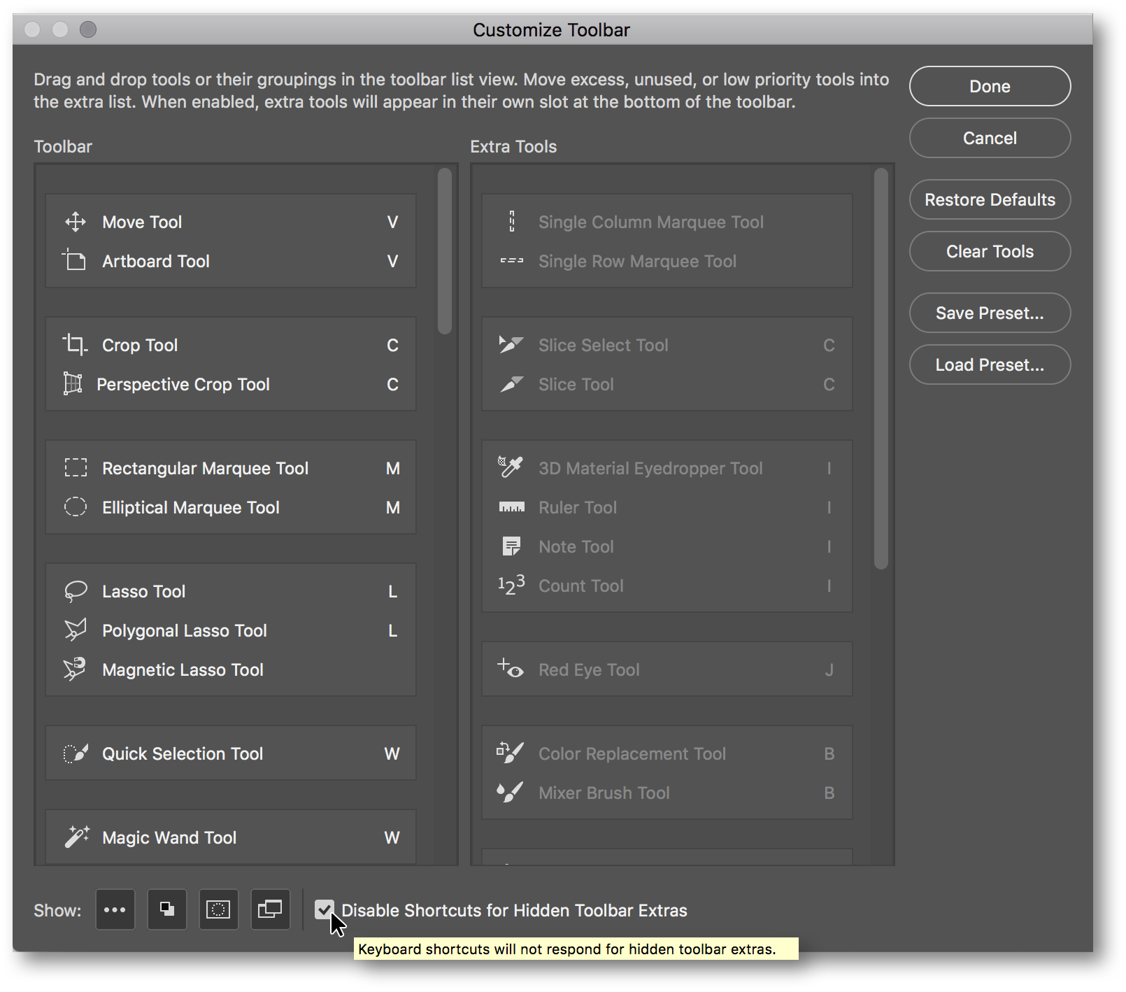 Customize Toobar dialog box