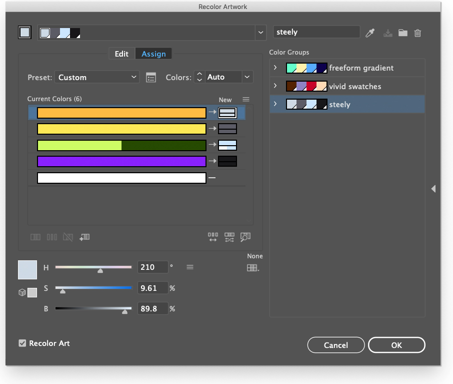 The Recolor Artwork in Assign mode in Adobe Illustrator