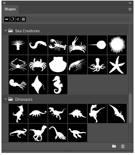 The Shapes panel in Photoshop with Sea Creature and Dinosaur shape collections