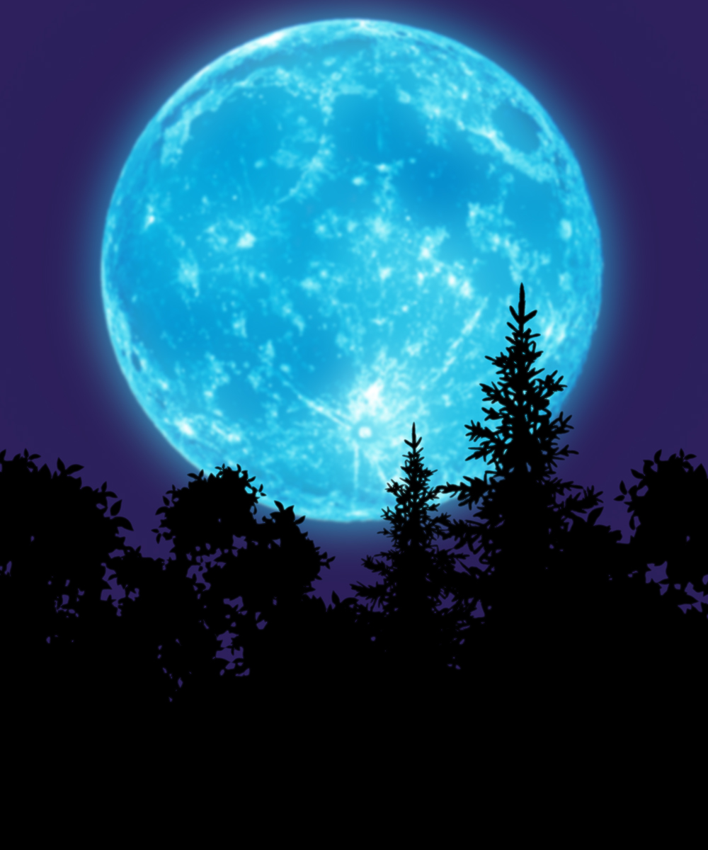 A glowing moon with tree slihouettes