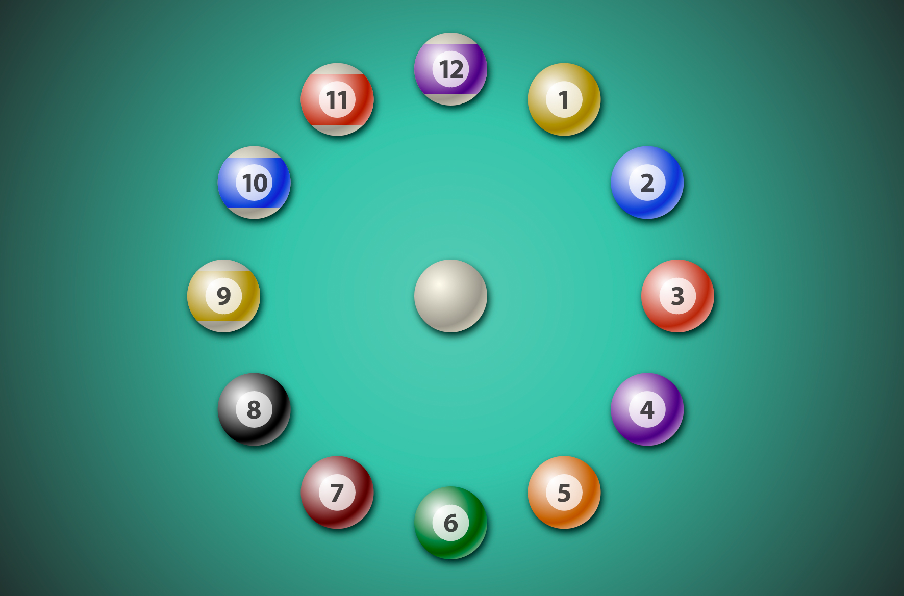 Colored pool balls around a clock face with a cue ball in the center