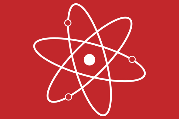 A white atom on a red background 