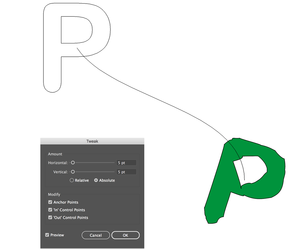 A standard letter P blends into a tweaked one in Adobe Illustrator