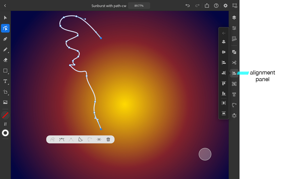 A simple path outline on sunburst background with the Align panel open on Illustrator for the iPad