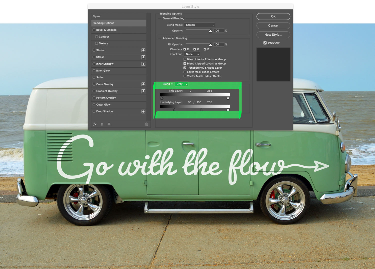 The layer style dialog box in Photoshop overlaid on the VW van
