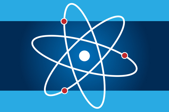 A white atom with red electrons on a blue background