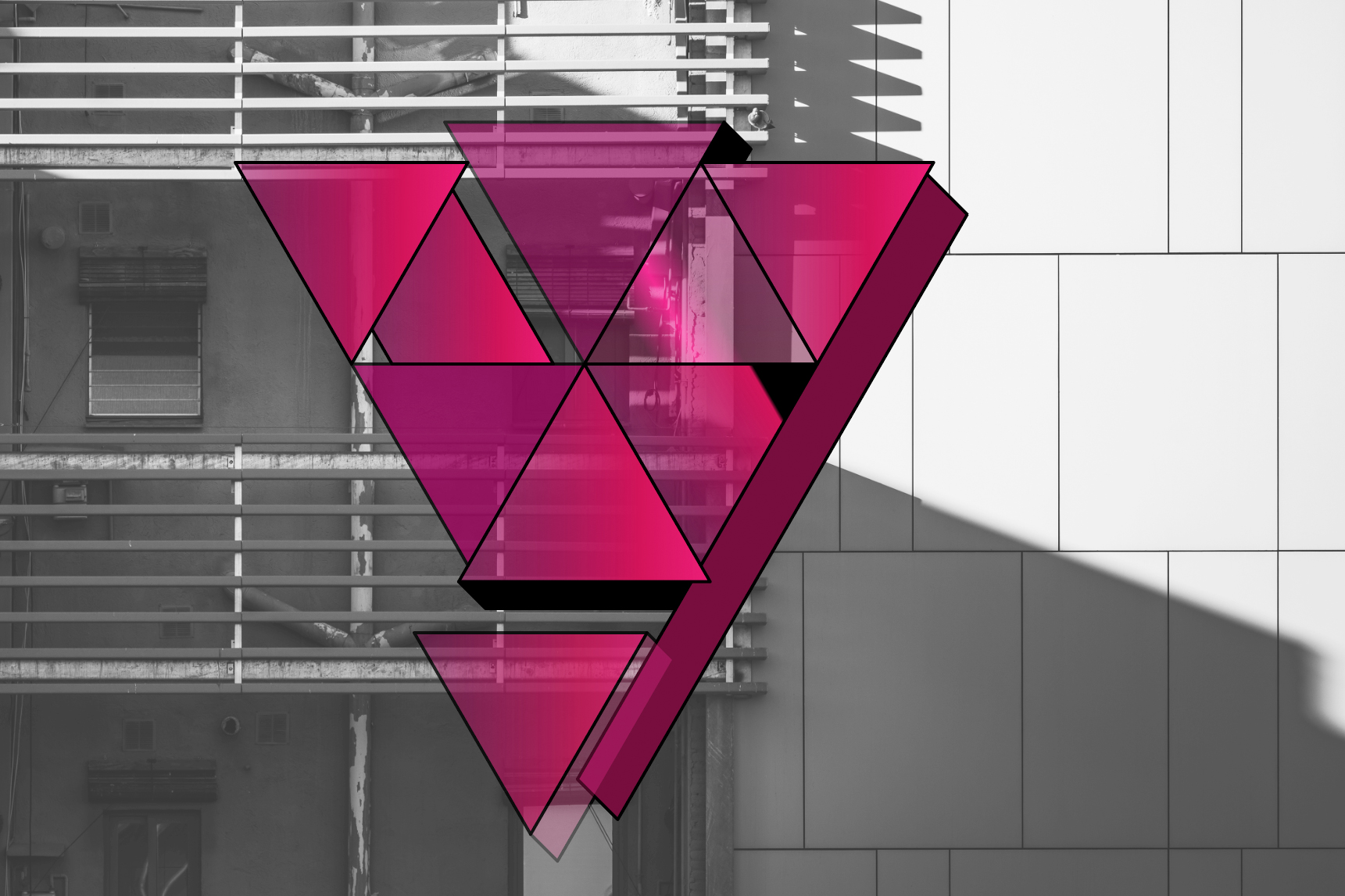 A face made of pink triangles against a black and white photo of a building.