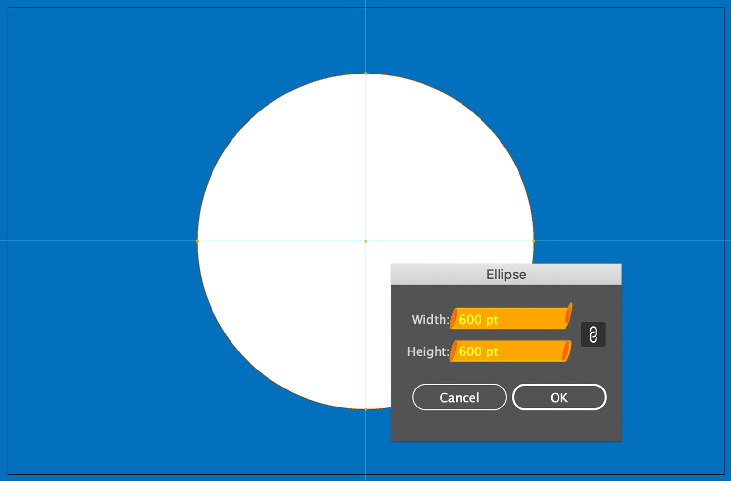 A white circle on a blue background with the Ellipse dialog box in Adobe Illustrator