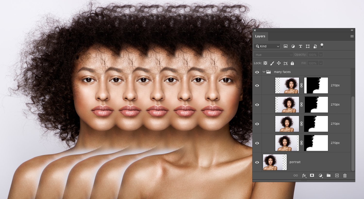 Five duplicated faces and Photoshop's Layers panel with duplicate masks