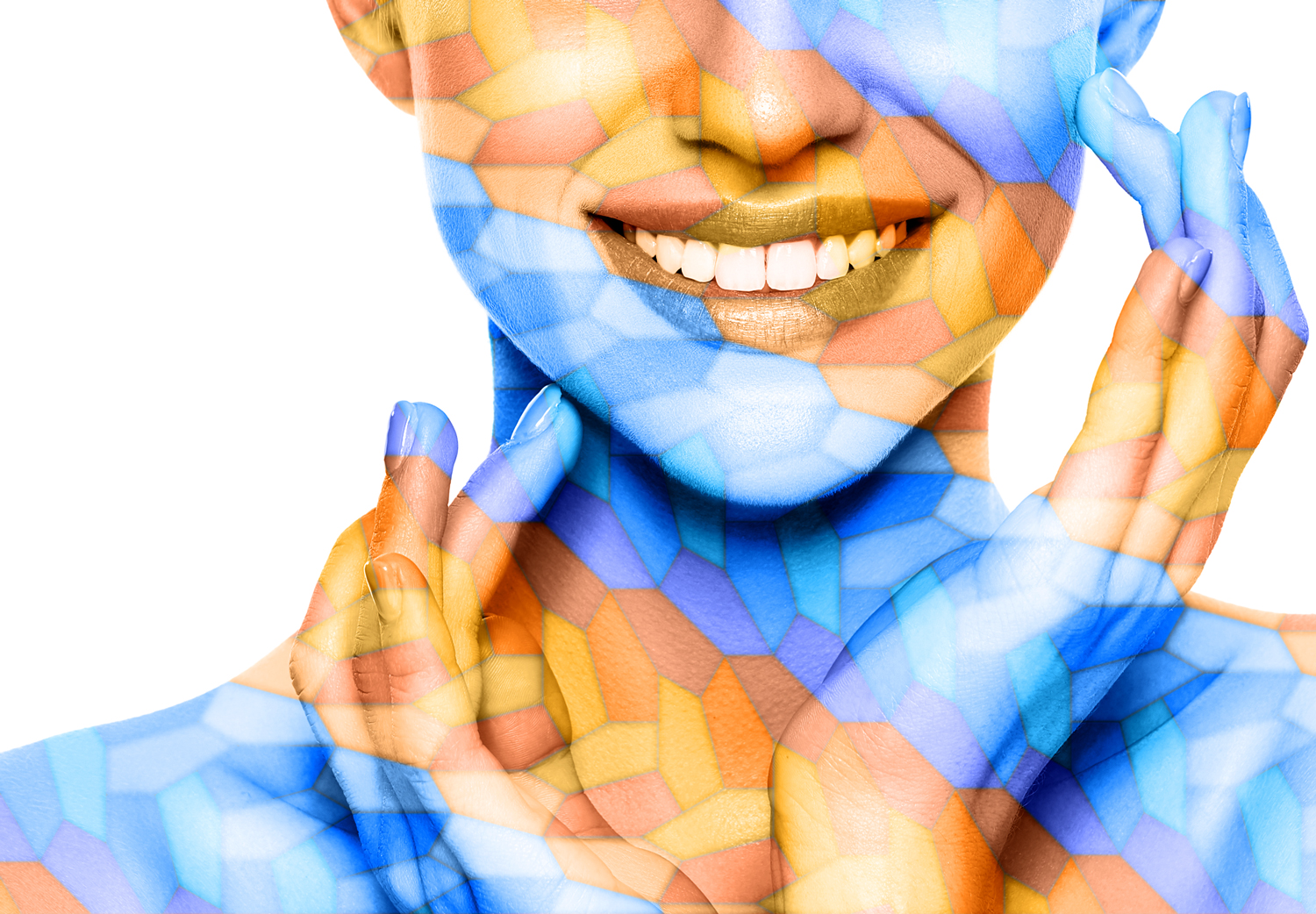 Pattern overlayed across a model's face and hands