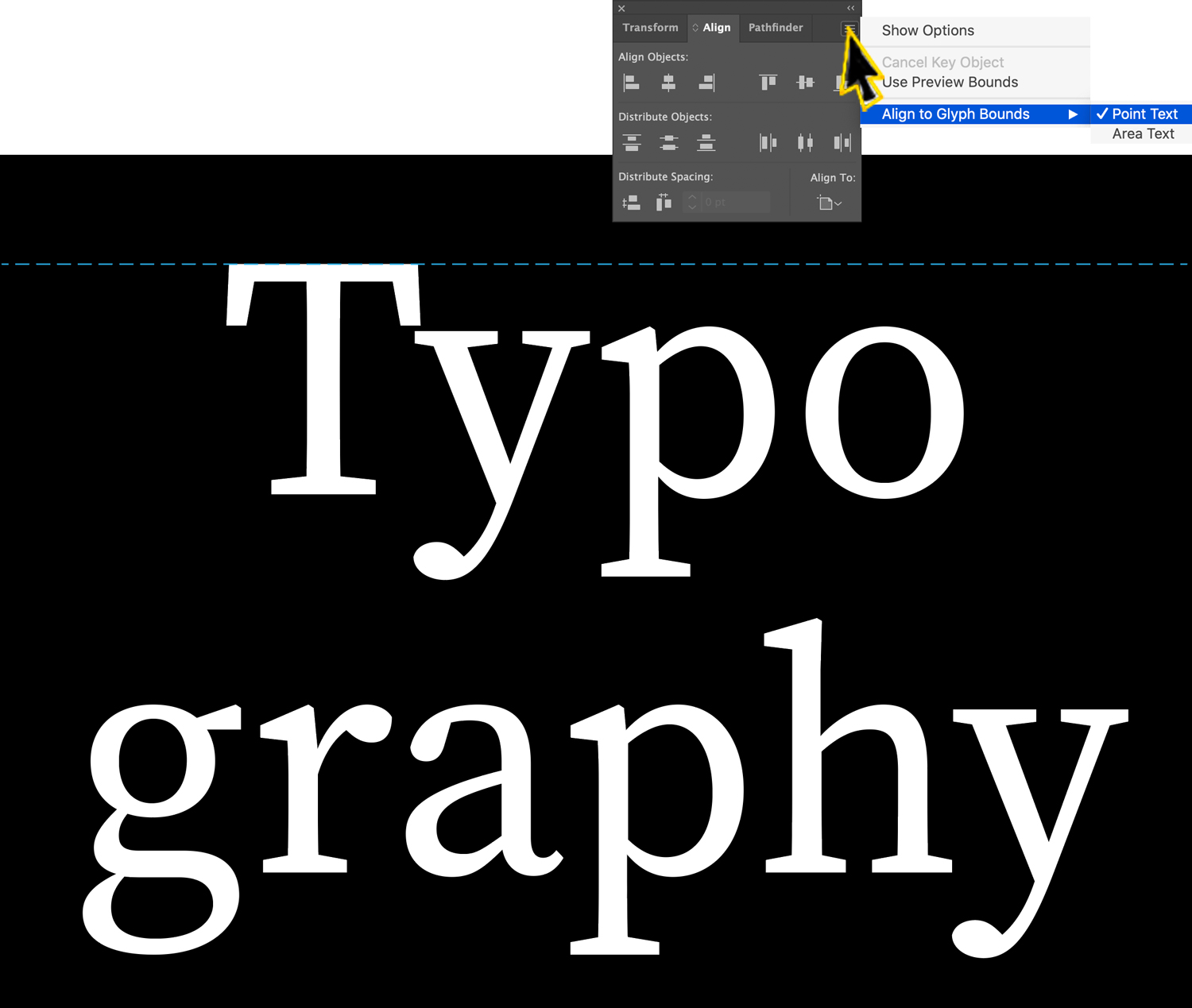 The Align to Glyph setting, with the dotted line now aligned to the top of the T