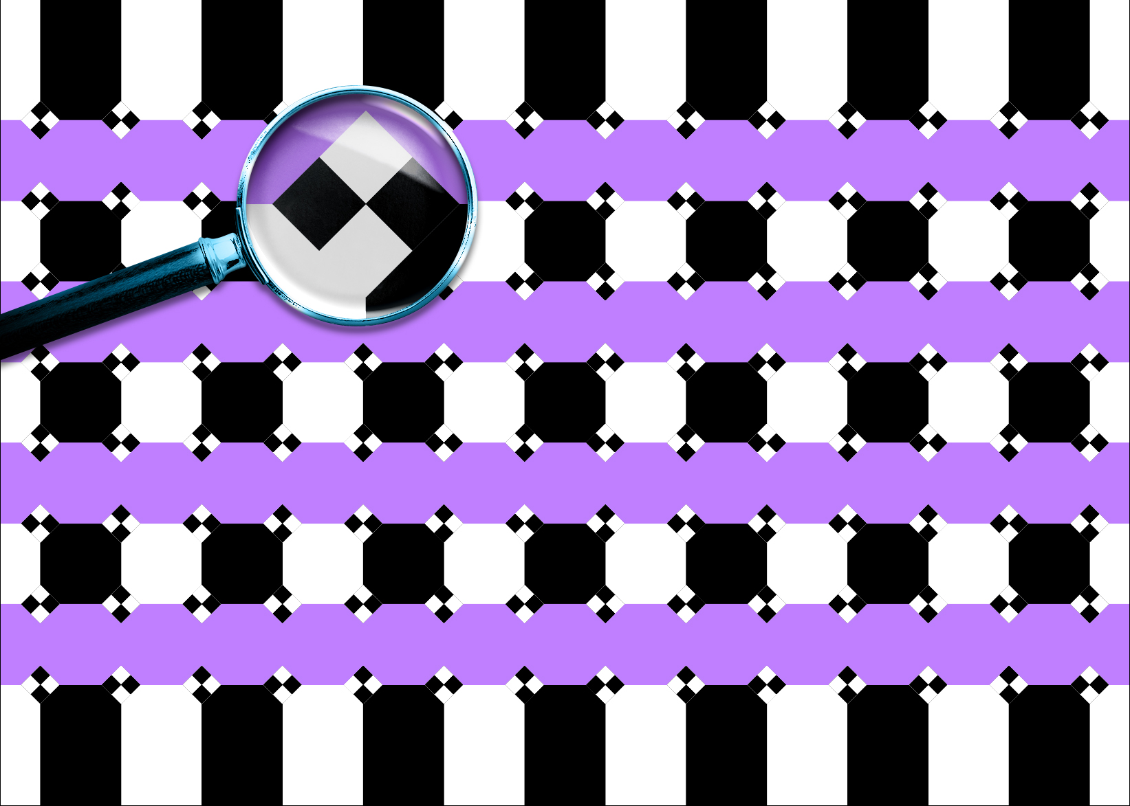 Checker shapes at the intersections create a bending illusion