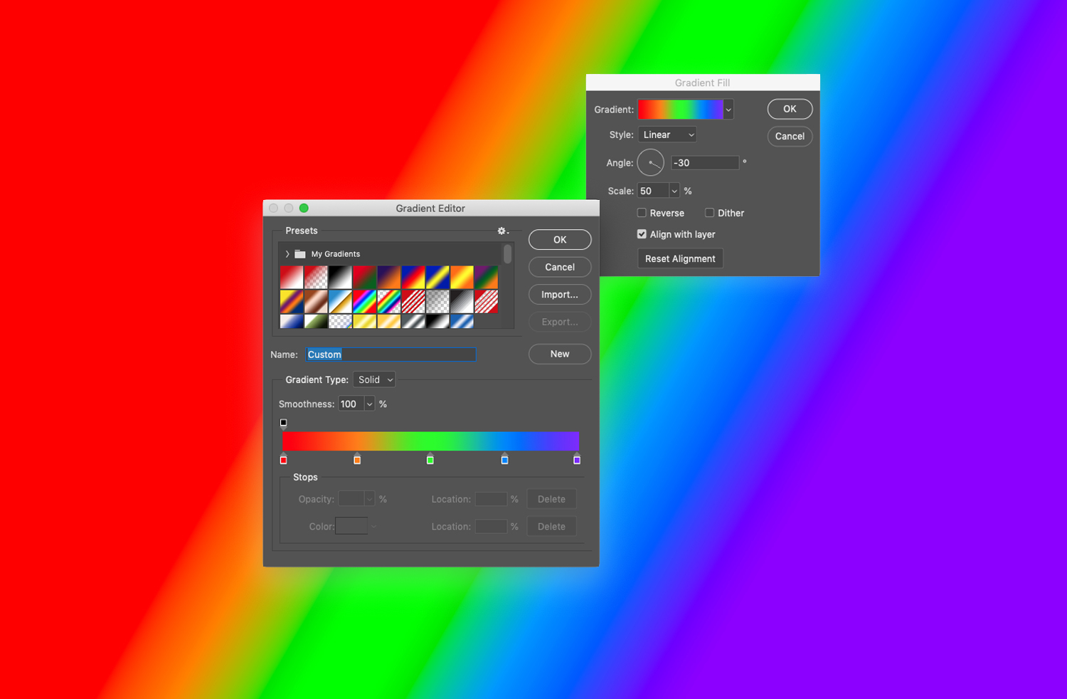 A rainbow gradient and the gradient dialog boxes