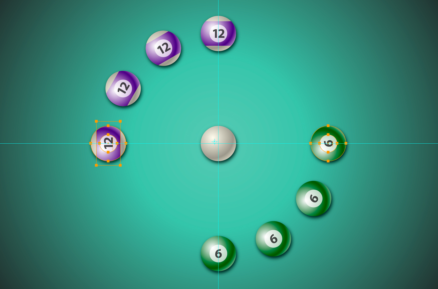 The 12 and 6 balls duplicated 3 times each around the clock face. 