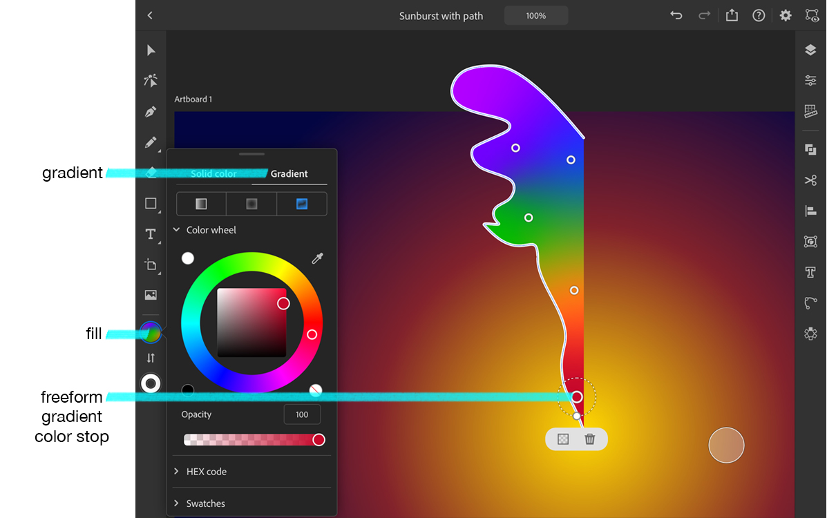 The Freeform Gradient tool on Ilustrator for the iPad with color stops added to a form