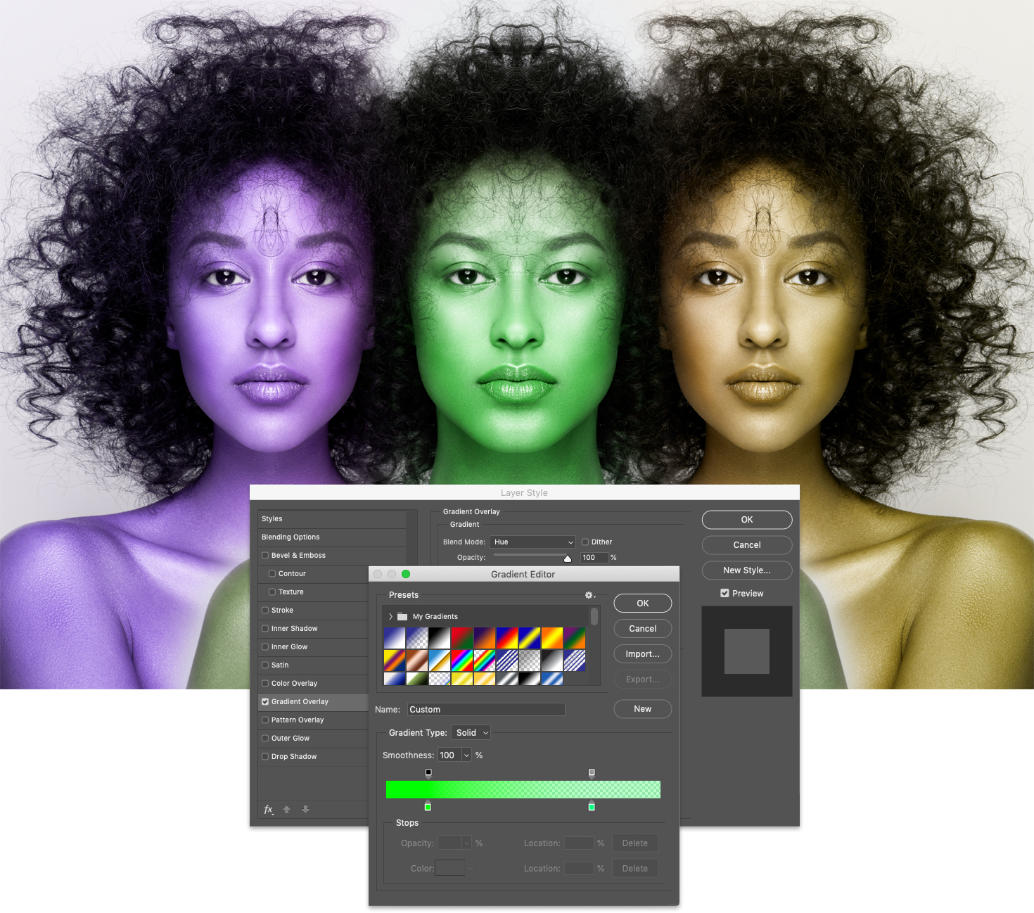 A triad of colorized faces with the Gradient Overlay dialog box