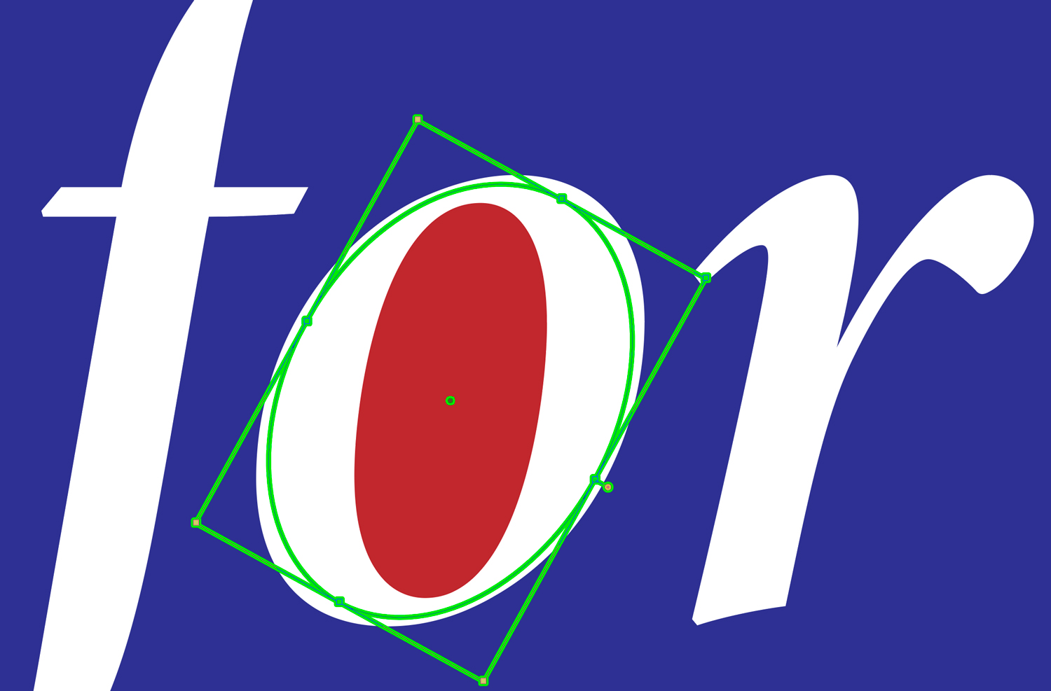 white italic letters f-o-r on a blue field with the counter of the O turned red