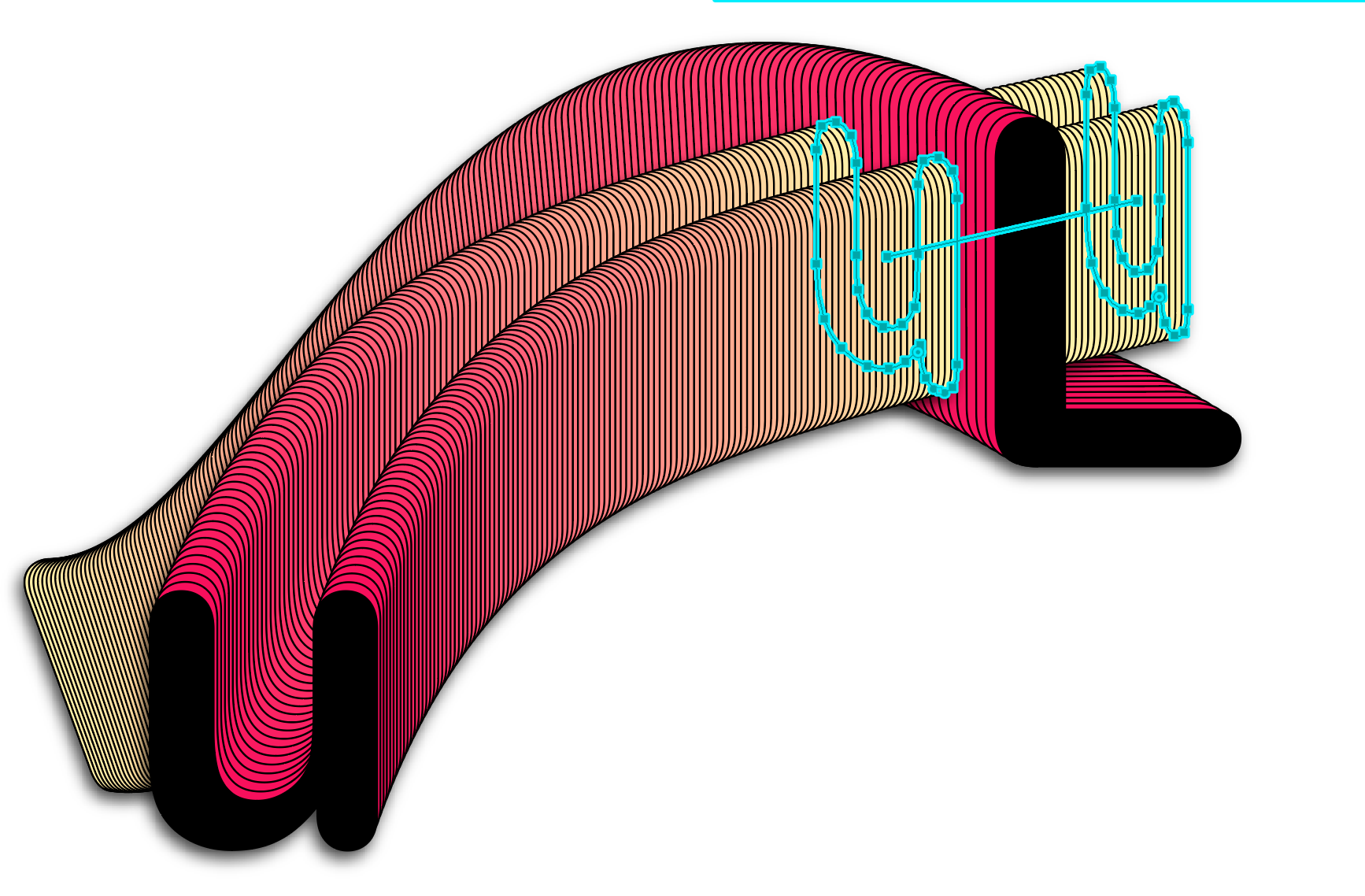 An extra object blend allows the u's extrusion to pass through the L's