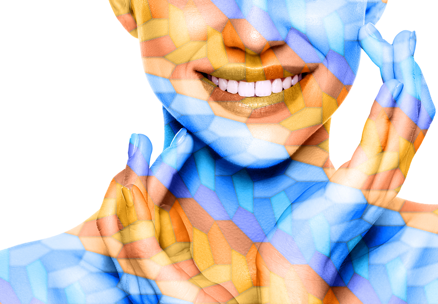 Model with the pattern removed from her teeth via a Photoshop mask