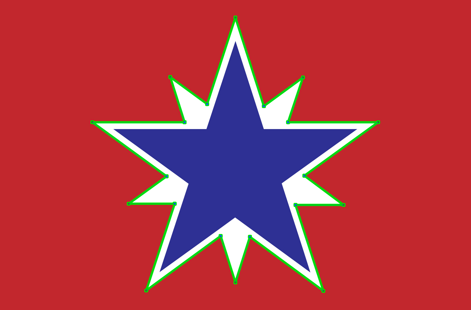 A blue star outlined in white on a red background