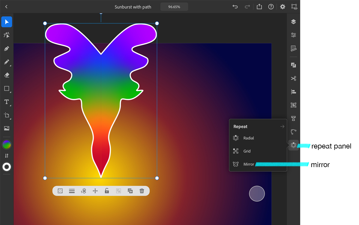 The shape reflected in Illustrator for the iPad via the Symmetry Repeat feature