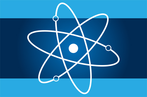 A white atom on a blue background