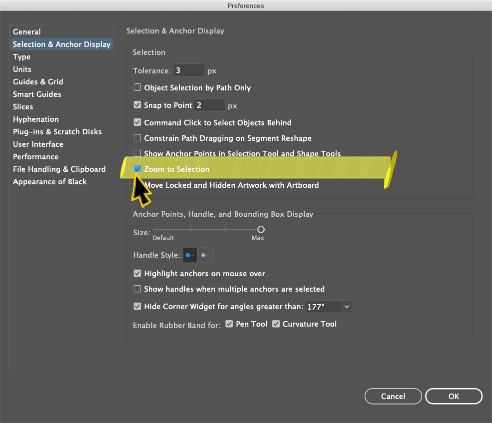 The Preferences dialog box in Adobe Illustrator showing the Zoom to Selection option
