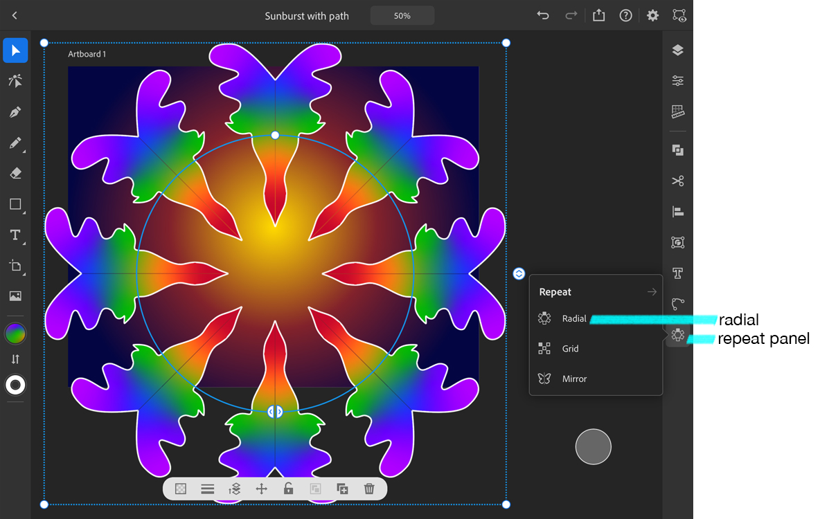 Colorful shape repeated 8 times around a circle in Illustrator on the iPad