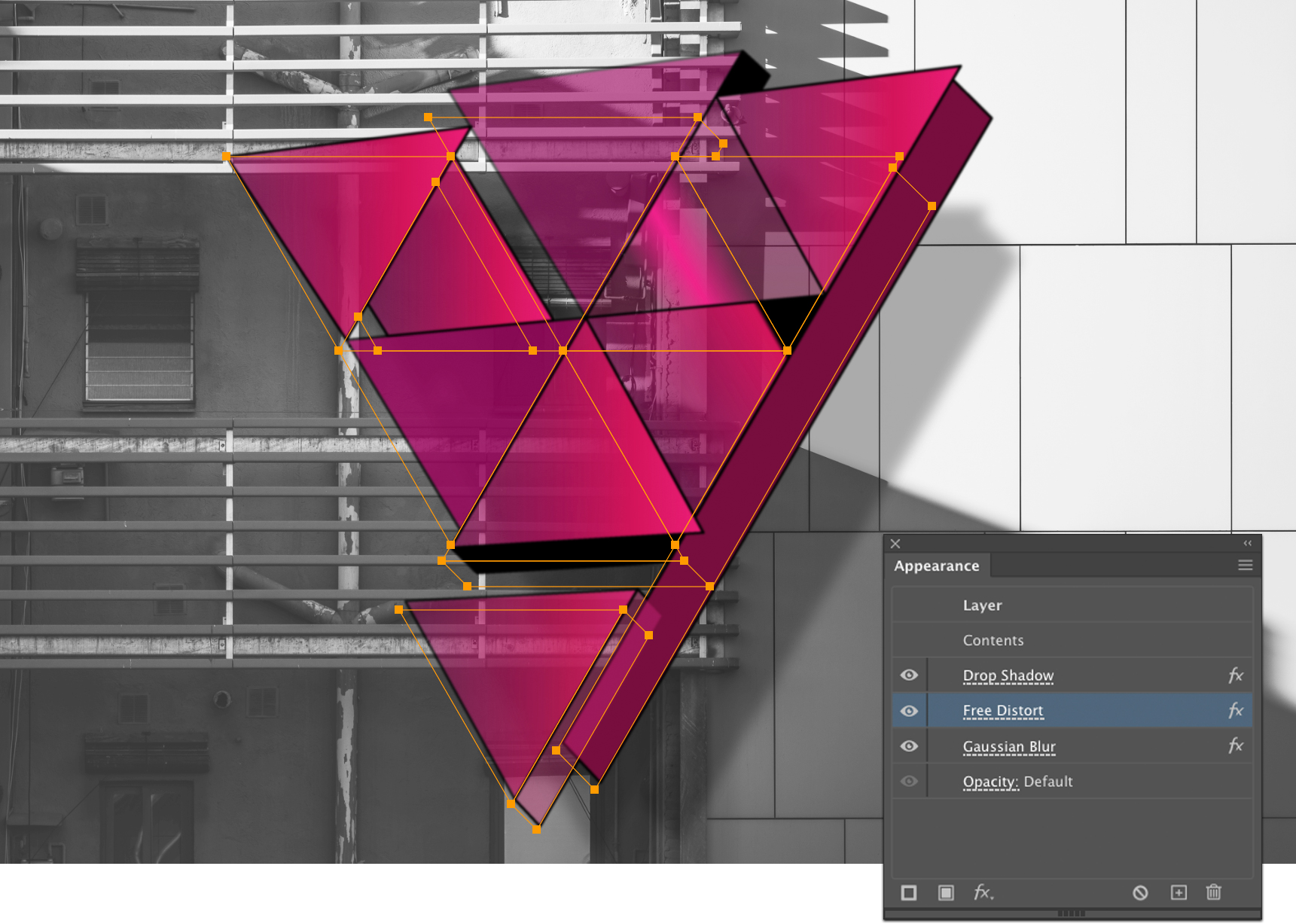 Triangle face with multiple dynamic effects applied in Illustrator