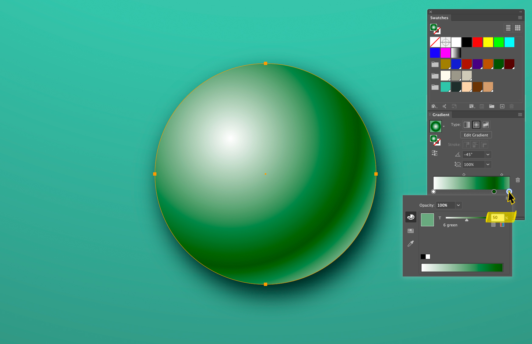 The ball with a green gradient applied via the Swatches and Gradient panel in Adobe Illustrator