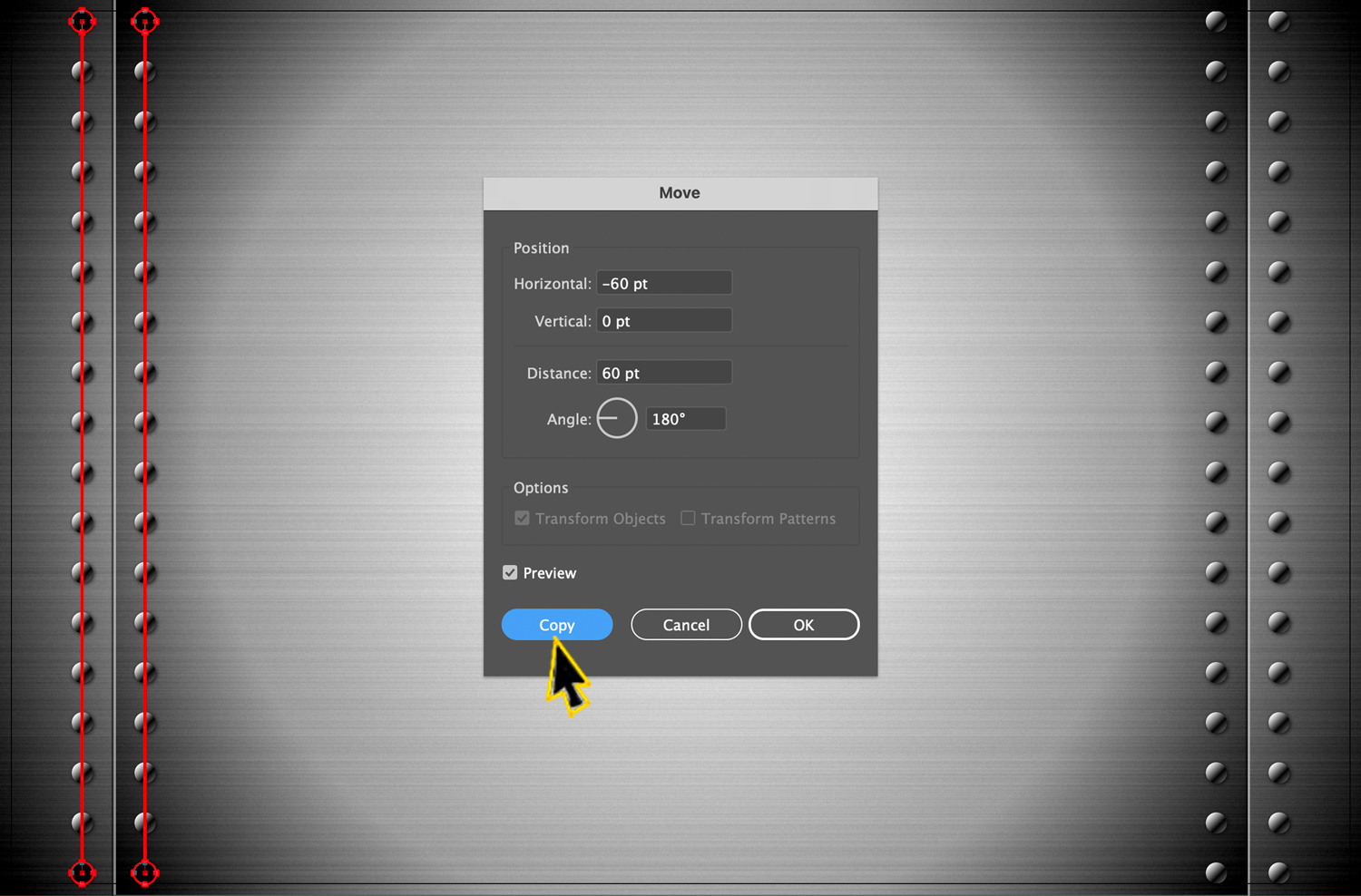 The Move dialog box in Adobe Illustrator, creating copies of the rows of rivets