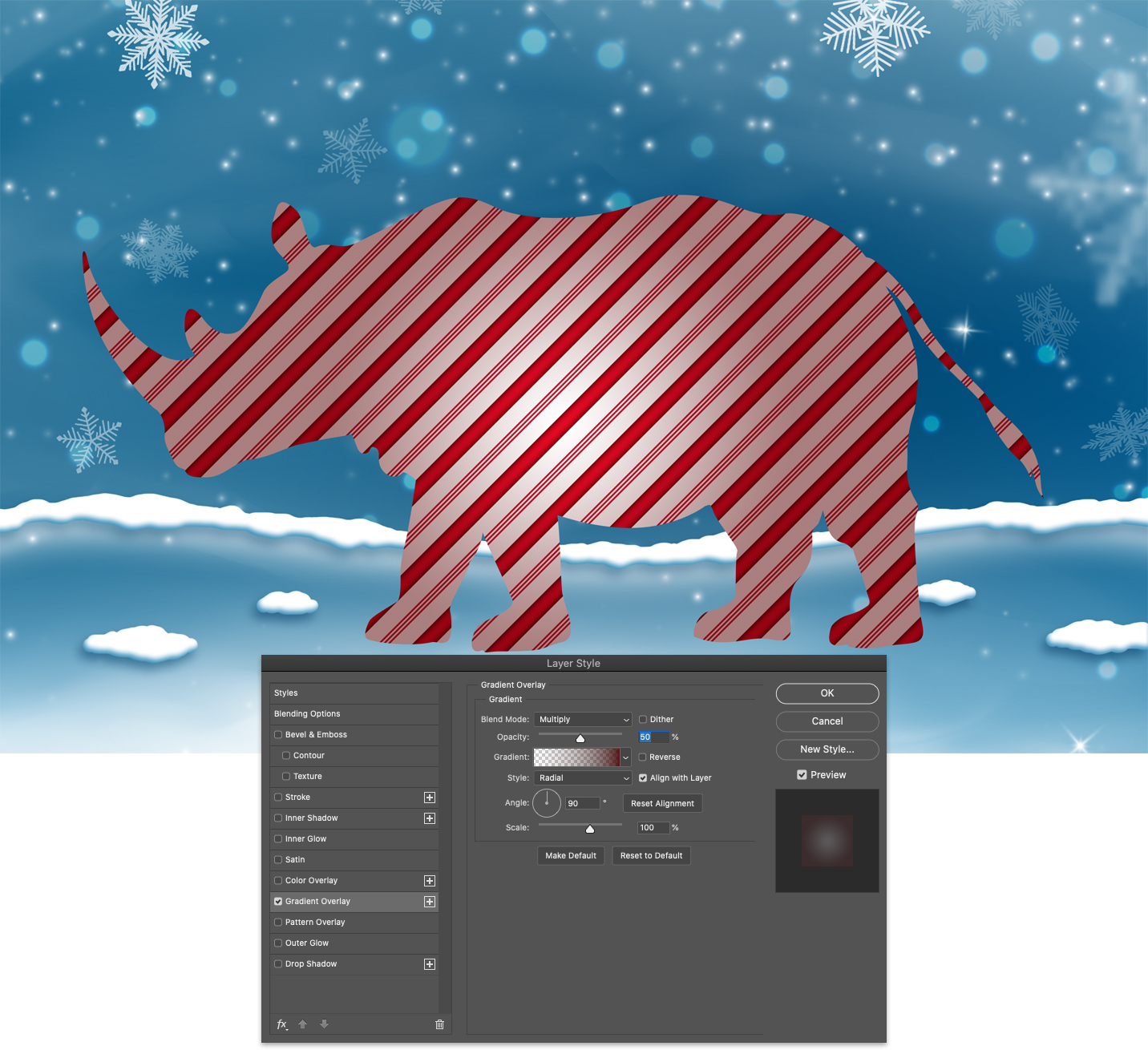 Rhino with gradient Overlay layer effect in Photoshop