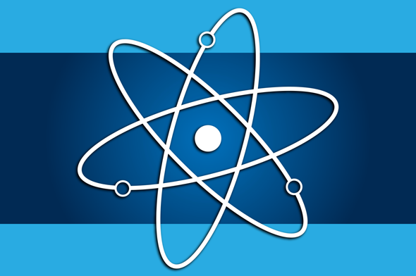 A drop shadow applied to a white atom on a blue background