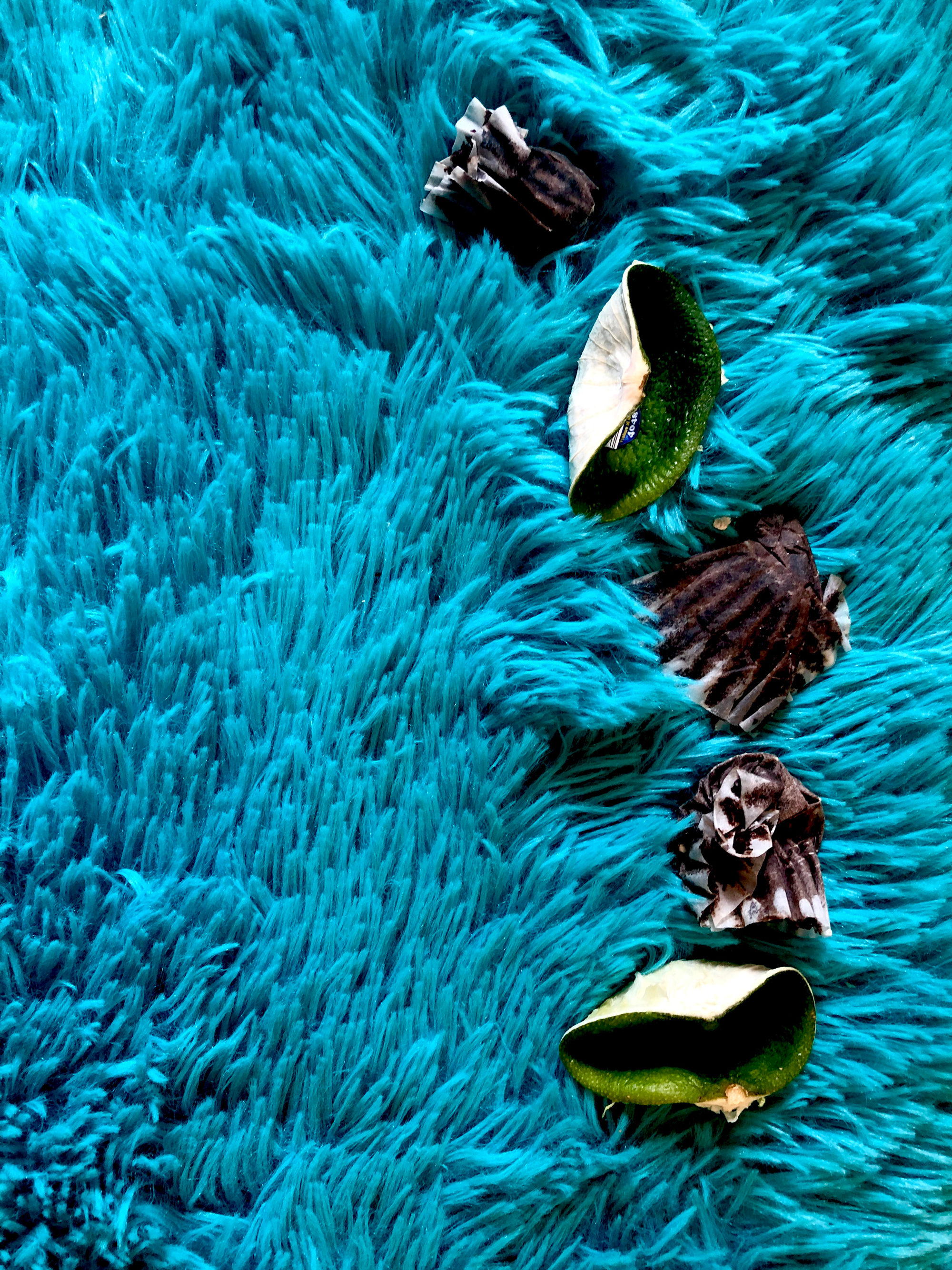 Three cupcake wrappers and two lime peels on a blue rug