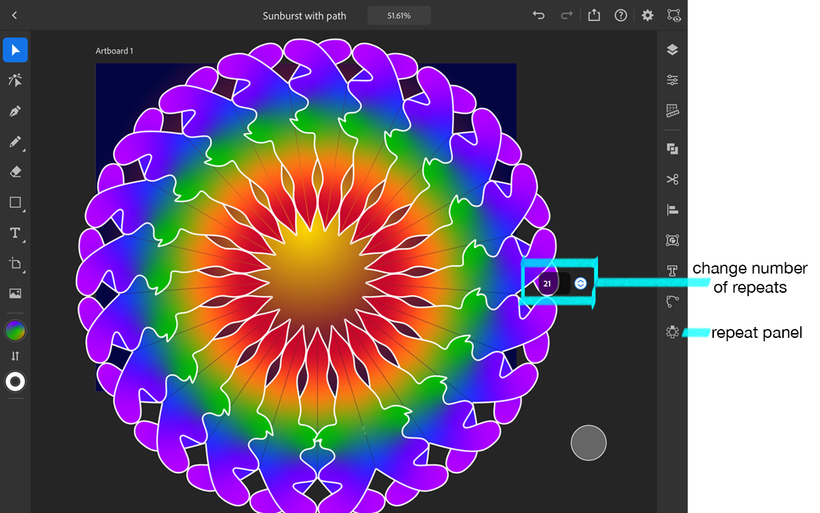 Shape repeated 21 times around a circle in Ilustrator for the iPad