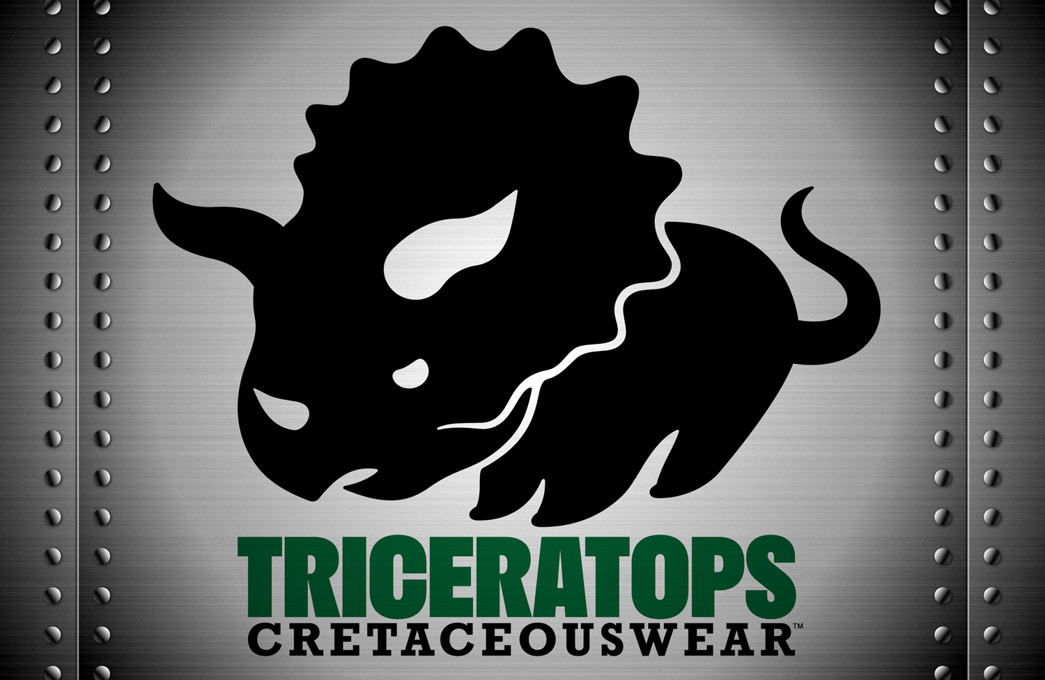 A triceratops logo on a brushed metal bacground with appropriately lit rivets