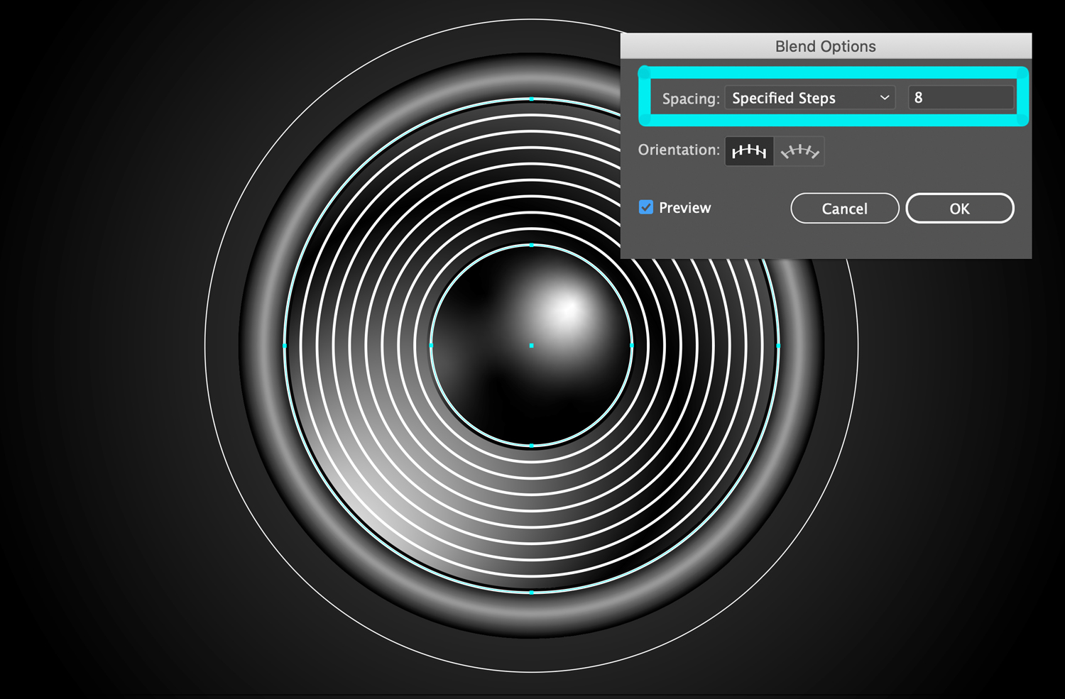 The Blend Options dialog box set to Specified Steps and 8 increments