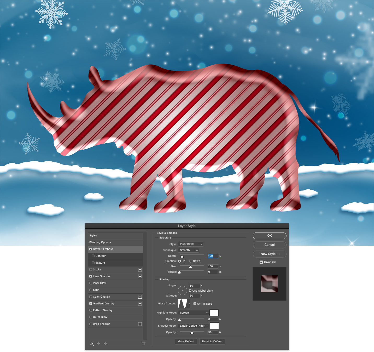 Rhino with Bevel and Emboss layer effect in Photoshop