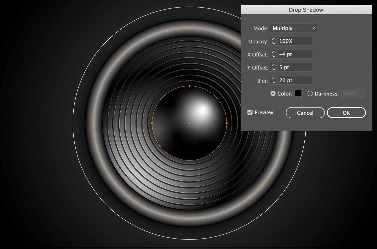 The Drop Shadow effects dialog box applied to the blend circles