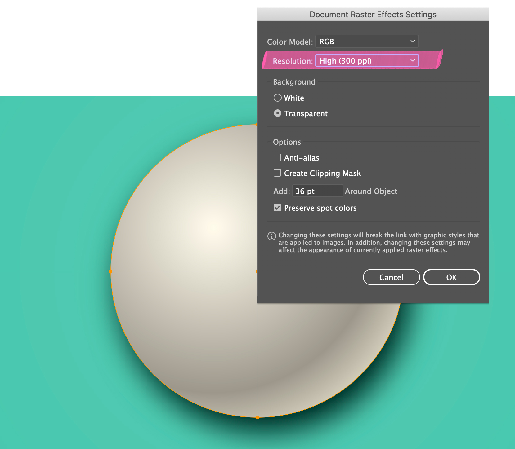 The Document Raster Effects dialog box in Adobe Illustrator