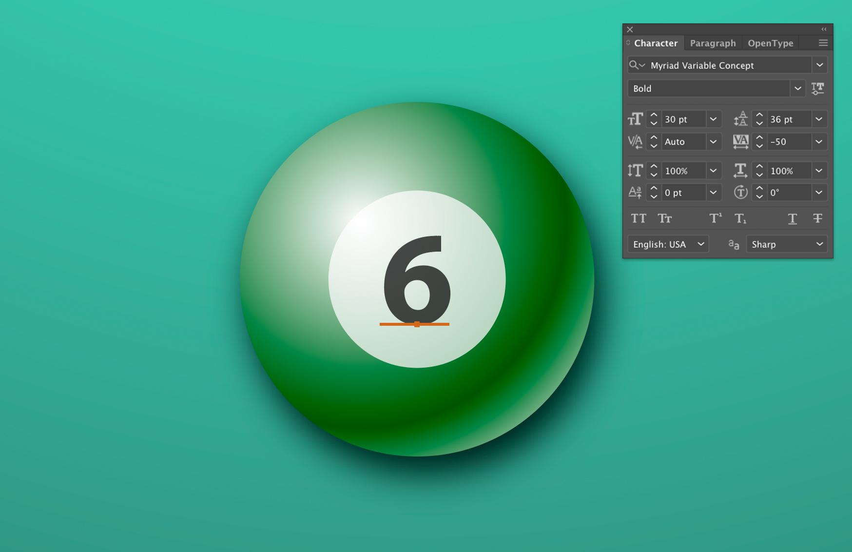 Ball with the number 6 applied and the Character panel settings shown