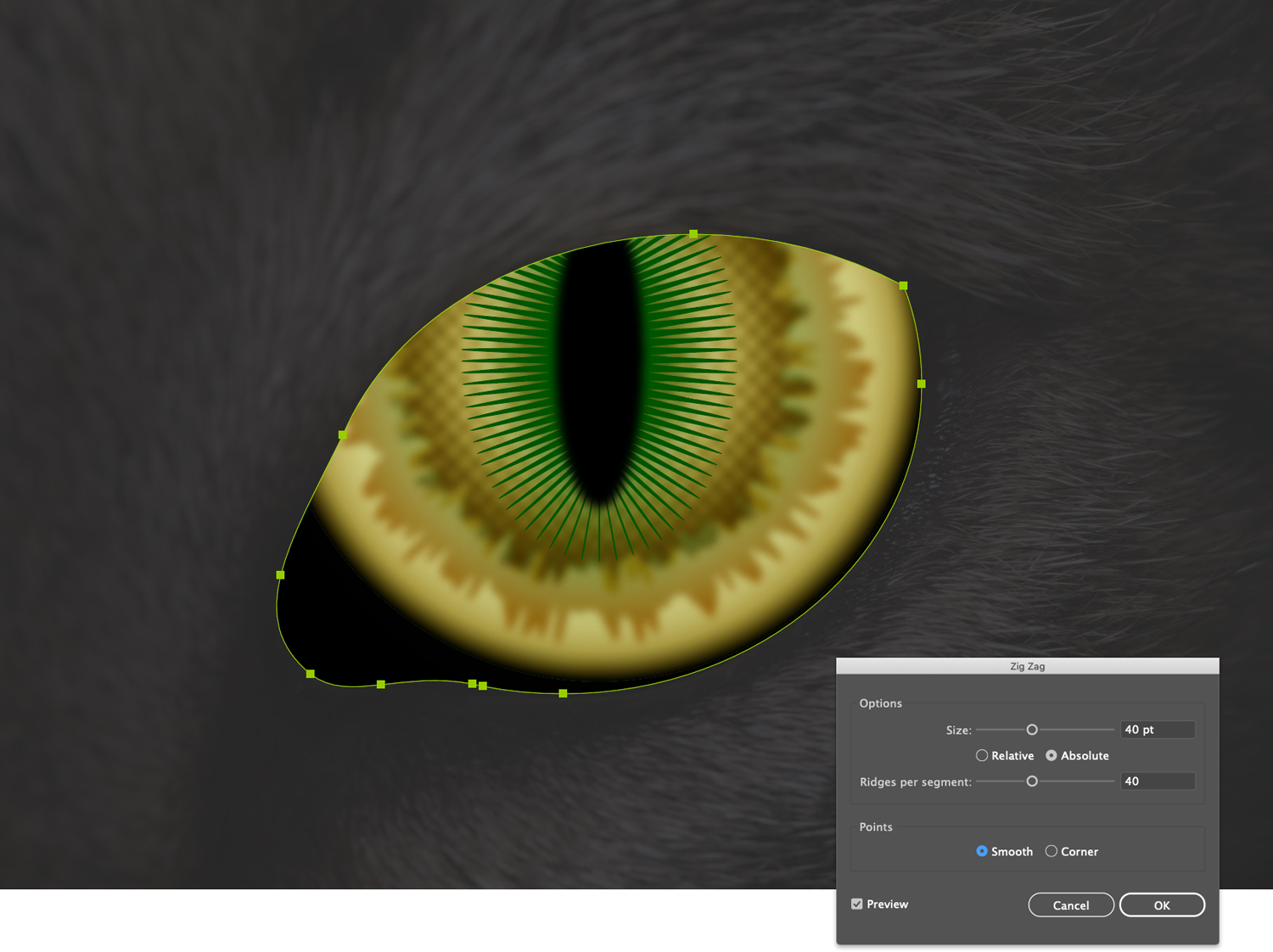 Green oval inside cat eye with Zigzag effect in Illustrator