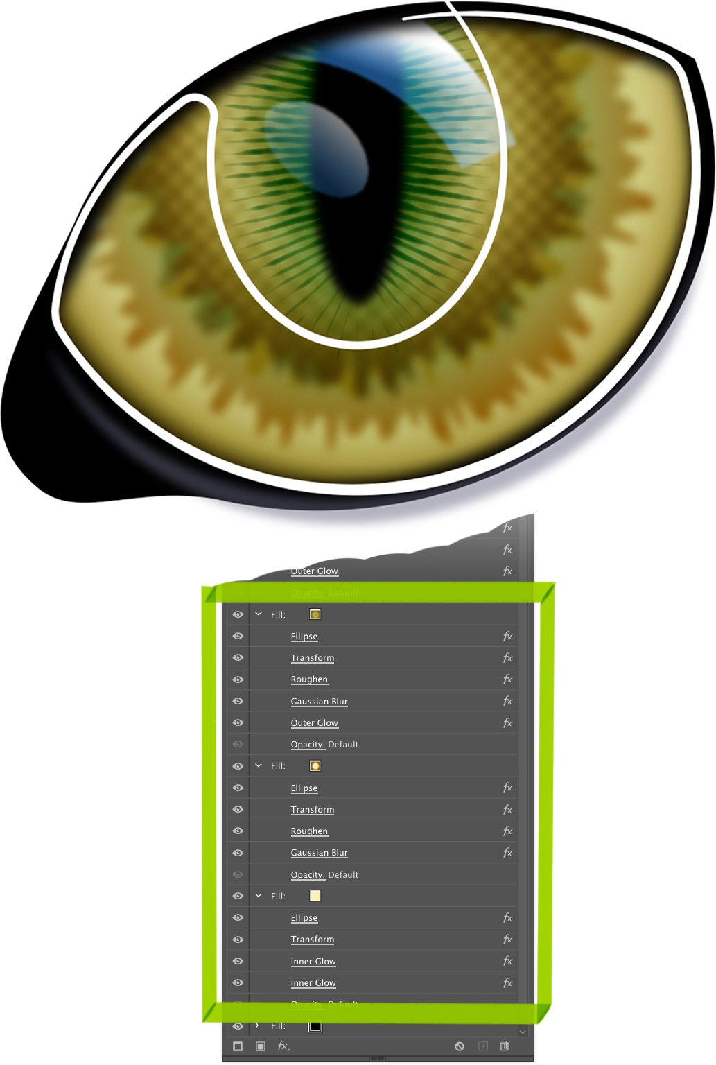A detailed cat eye in Adobe Illustrator with the Appearance panel