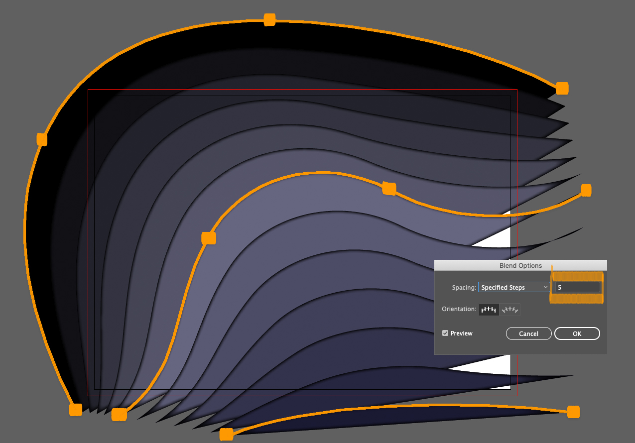 Three lines with five steps of blending in Adobe Illustrator