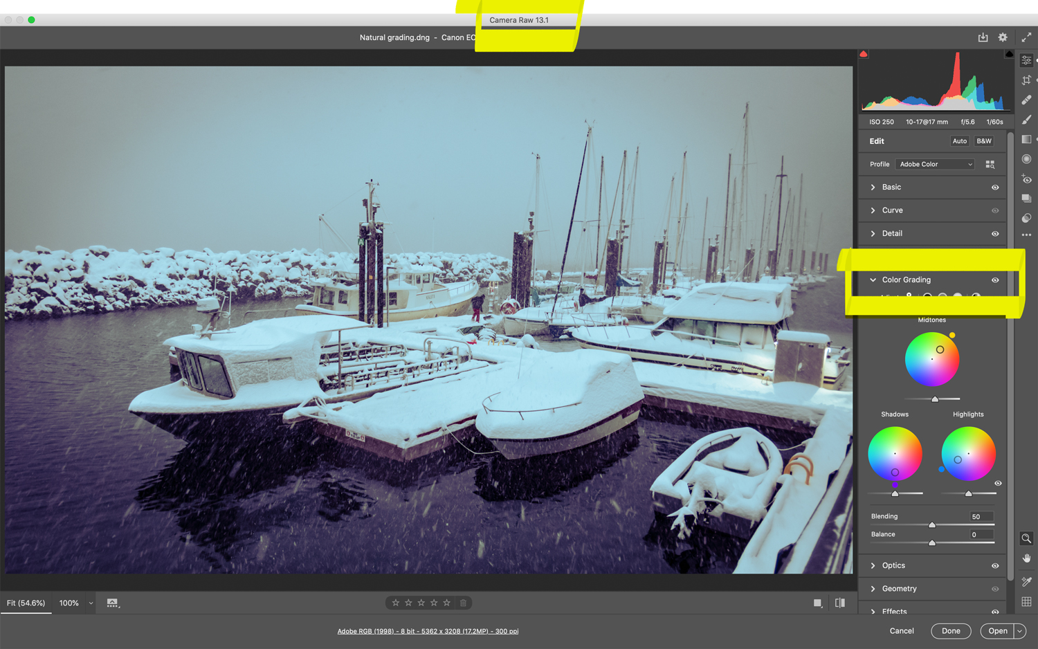 A harbor scene with snow covered boats inside the Camera Raw interface
