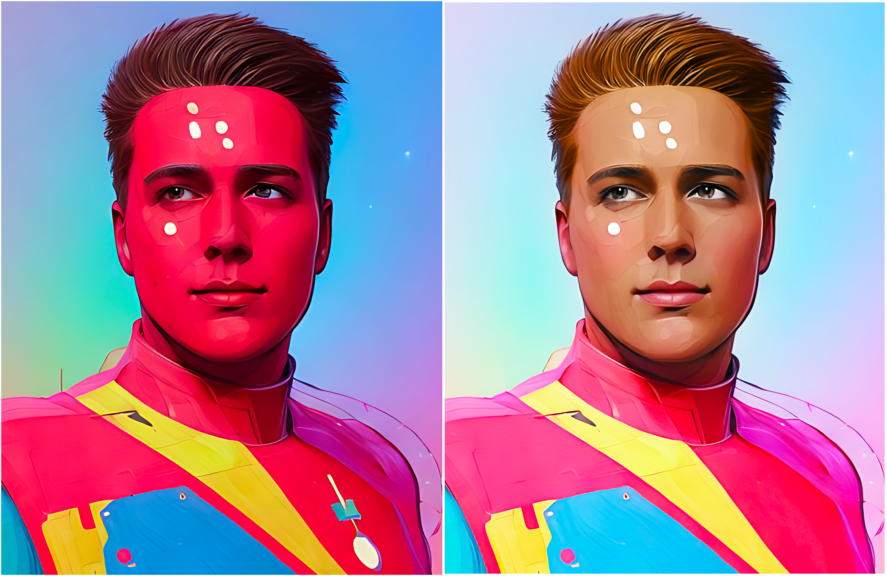 The before and after versions of the retouched AI portrait
