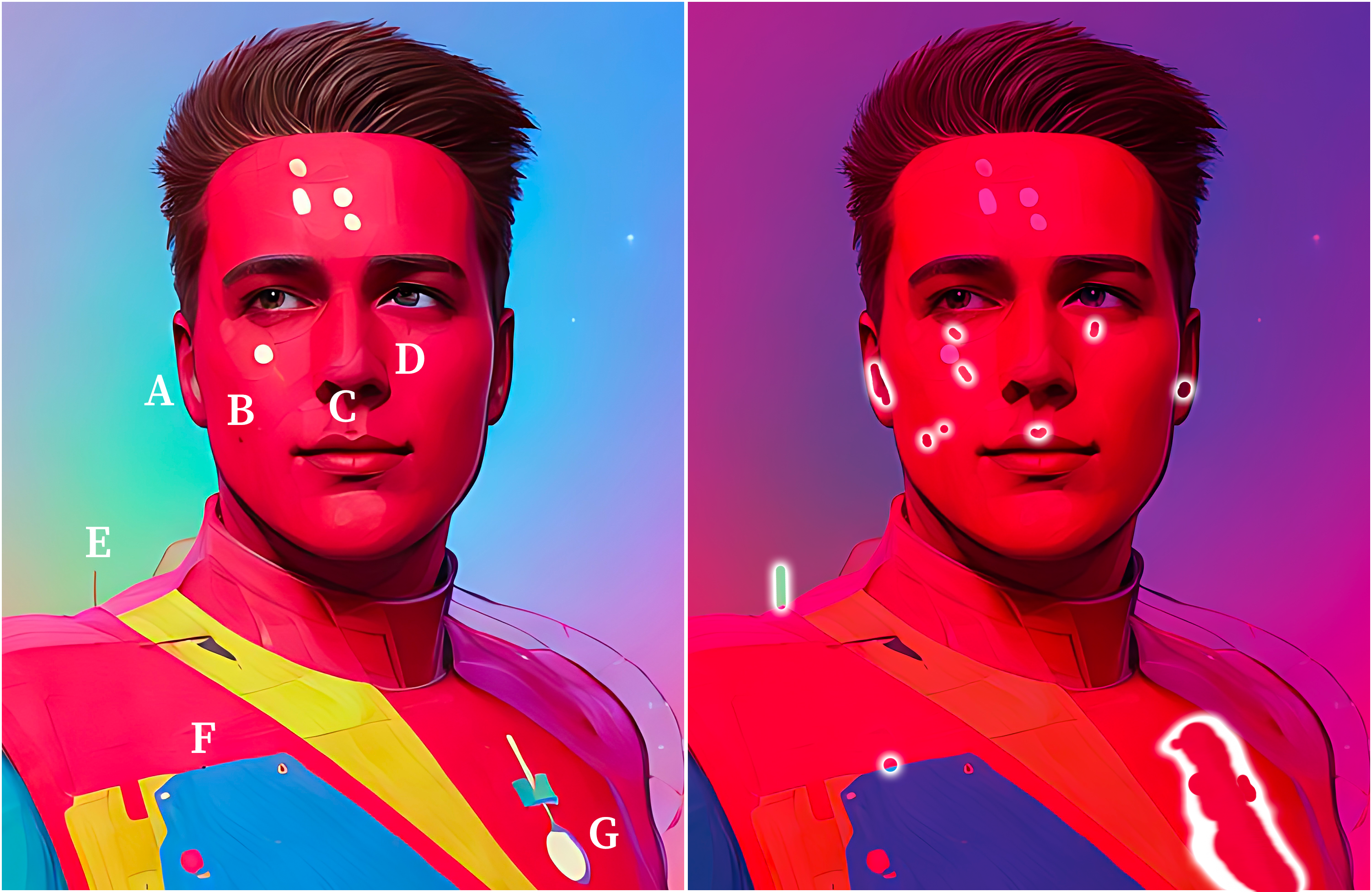 Two red versions of an AI portrait side by side