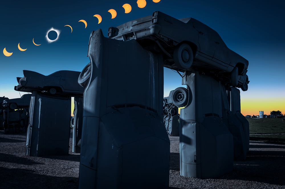 A time-laps composite of the solar eclipse over Carhenge